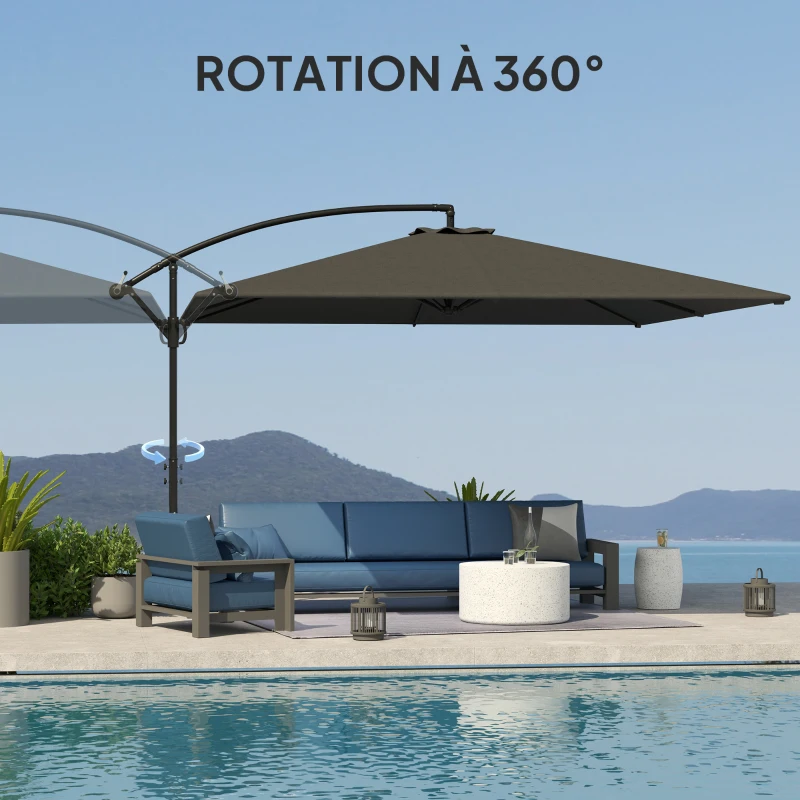Outsunny Parasol déporté rectangulaire 3,6x3,9 m avec manivelle, base en croix, parasol inclinable et rotation à 360°, gris