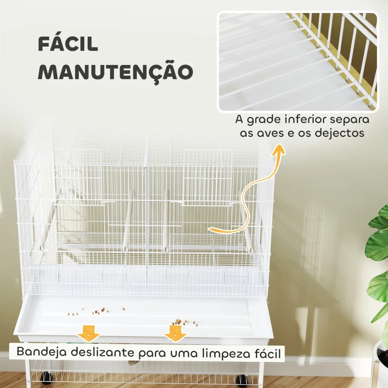 PawHut Gaiola para Pássaros com Divisória Rodas Gaiola para Aves com Comedouros Poleiros e Bandeja Removível 94x57x128 cm Branco