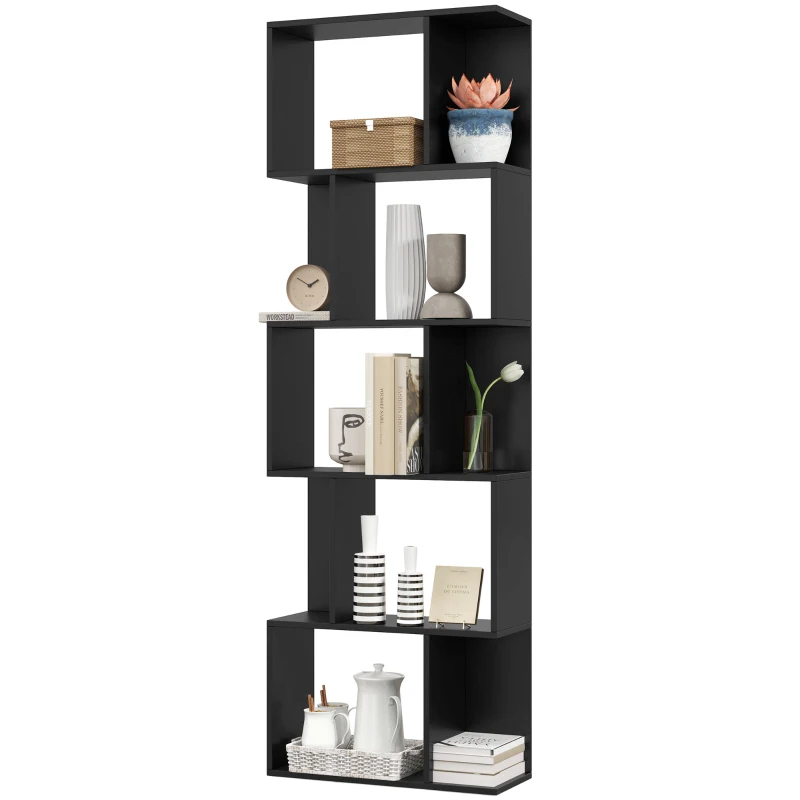 HOMCOM Bibliotecă cu 5 Rafturi Divizate în Formă de S din Lemn, 60x24x184.5 cm, Negru
