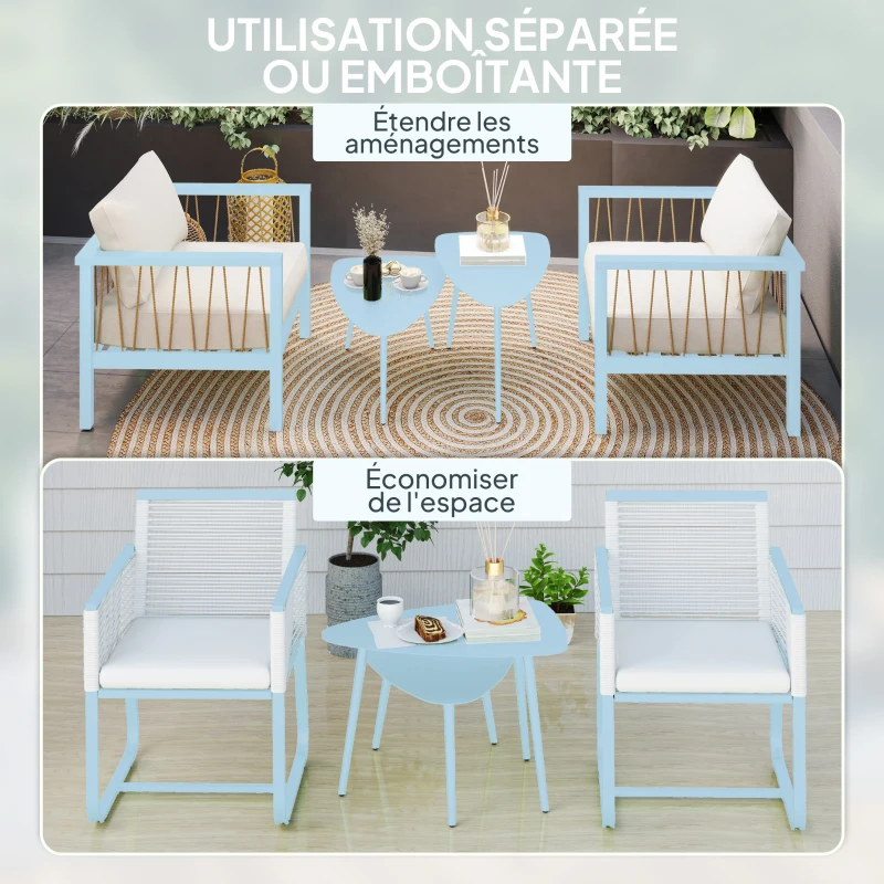 Outsunny Lot de 2 tables basses de jardin, tables d'appoint gigognes triangulaires, cadre en acier patins ajustables bleu clair