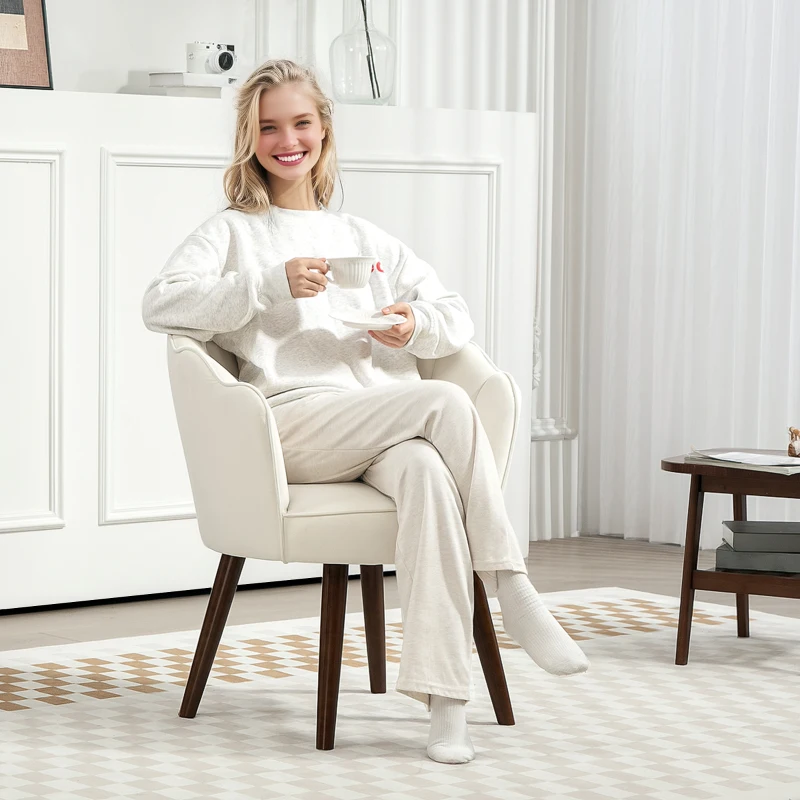 HOMCOM Fauteuil Coquillage Fauteuil de Salon Chambre avec Dossier et Coussin Aspect Velours Pieds en Bois hévéa, Crème