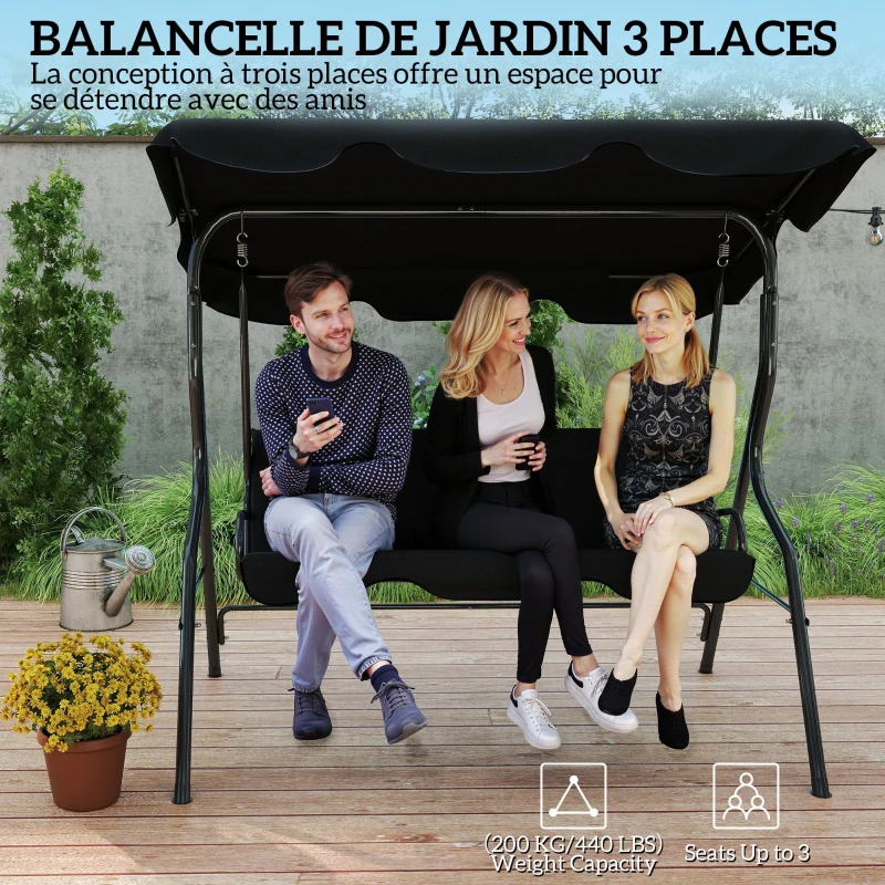 Outsunny Balancelle de Jardin 3 Places Toit imperméabilisé Inclinaison réglable Coussins Assise Dossier Noir