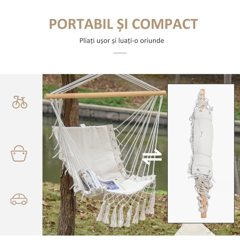 Outsunny Balansoar Suspendat din Țesătură cu Ciucuri și Bară din Lemn de Plop, 90x50 cm, Crem(m-7)