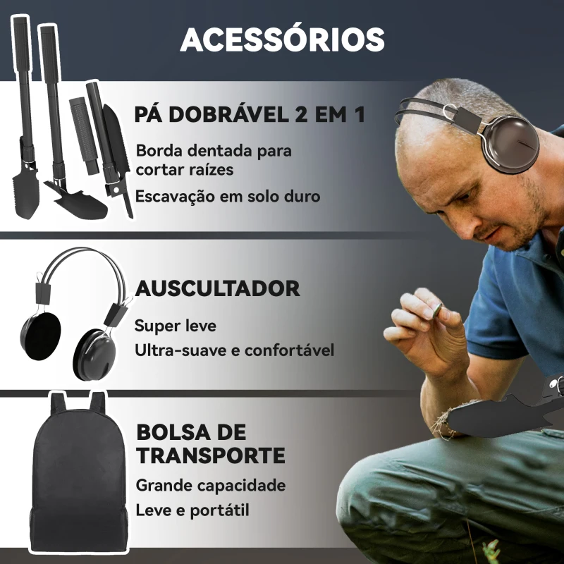 Outsunny Detector de Metais com Bateria IP68 com 5 Modos e Memória Ecrã LCD Retroiluminado Chip DSP 28x21x48-130 cm Cinza Escuro