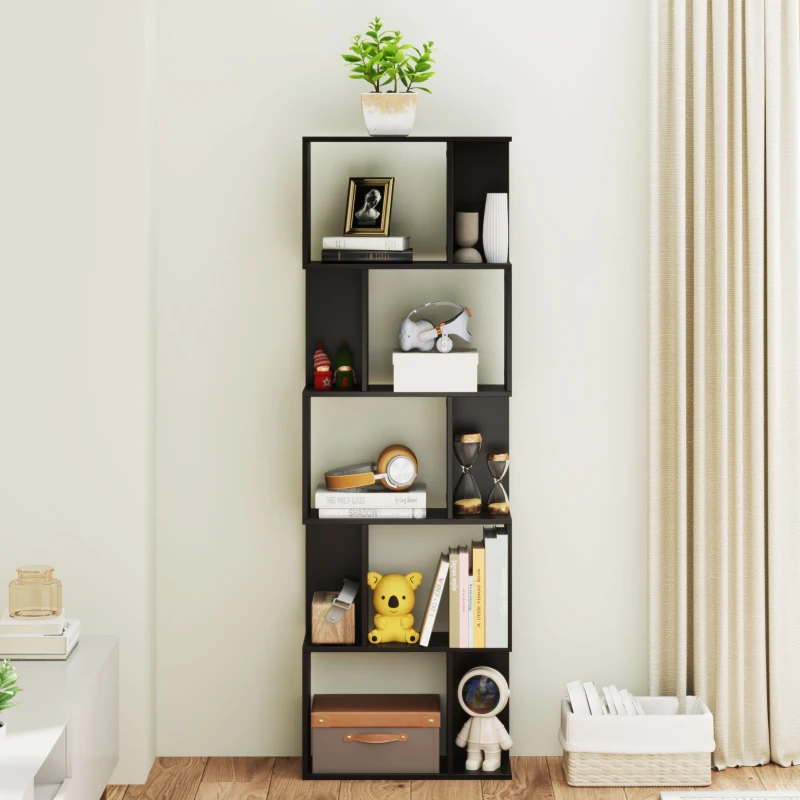 HOMCOM Bibliotecă cu 5 Rafturi Divizate în Formă de S din Lemn, 60x24x184.5 cm, Negru