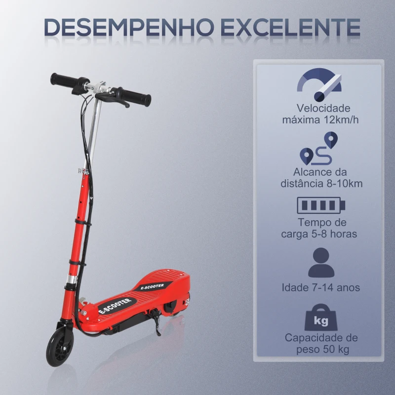 HOMCOM Trotinete Elétrica para Crianças + 7 Anos trotinete Dobrável com Altura Ajustável Bateria Recarregável 24V Velocidade até 12 km/h e Carga 50 kg 74x36x73-91 cm Vermelho
