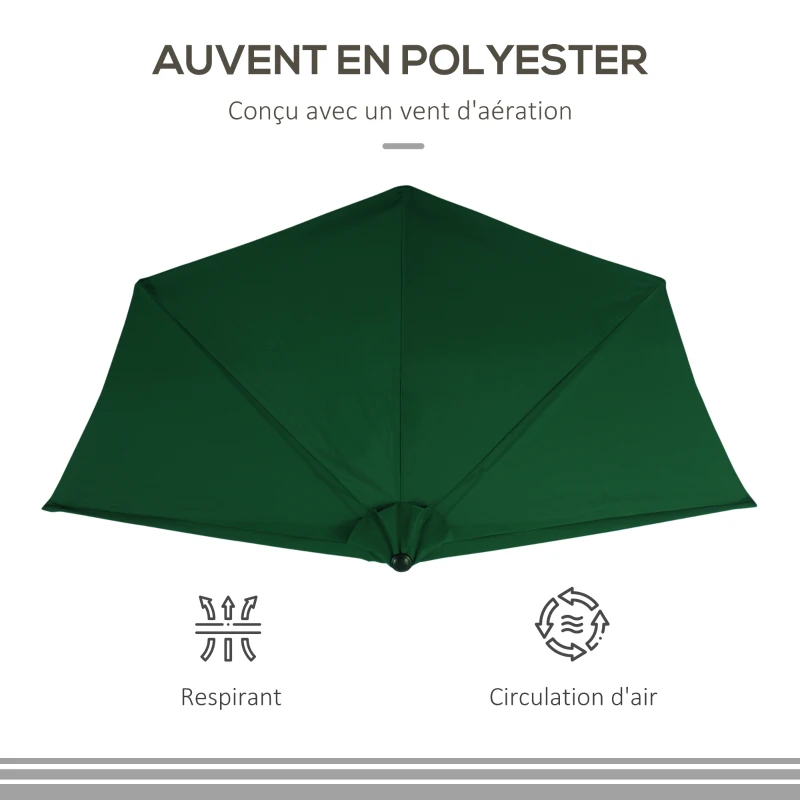 Outsunny Demi parasol parasol de balcon 5 entretoises métal cheminée incluse 2,93 x 1,5 x 2,49 m polyester haute densité vert