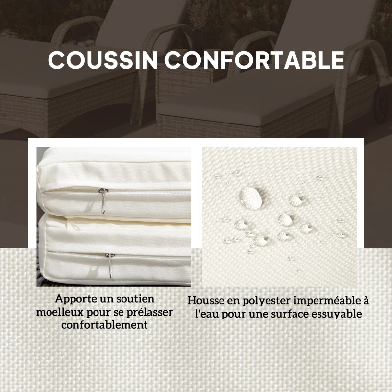Outsunny Lot de 2 transats bains de soleil : matelas, têtière, inclinaison réglable roulettes + table basse verre trempé crème