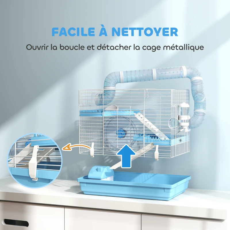 PawHut Cage pour hamster portable avec cabane, roue de course, gamelle, bouteille d'eau, 47,5 x 31,5 x 29,5 cm, bleu clair