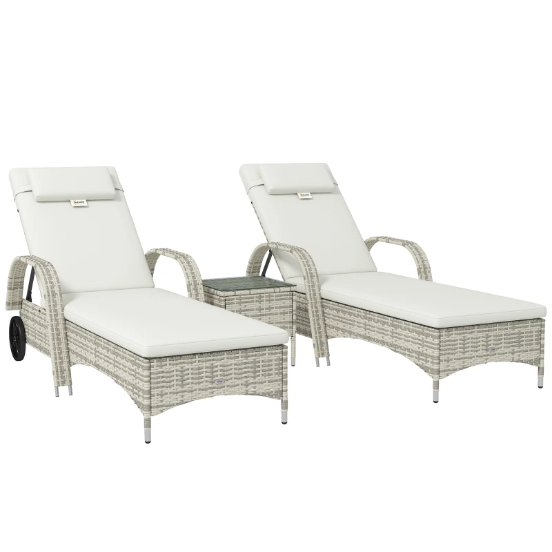 Outsunny Lot de 2 transats bains de soleil : matelas, têtière, inclinaison réglable roulettes + table basse verre trempé crème