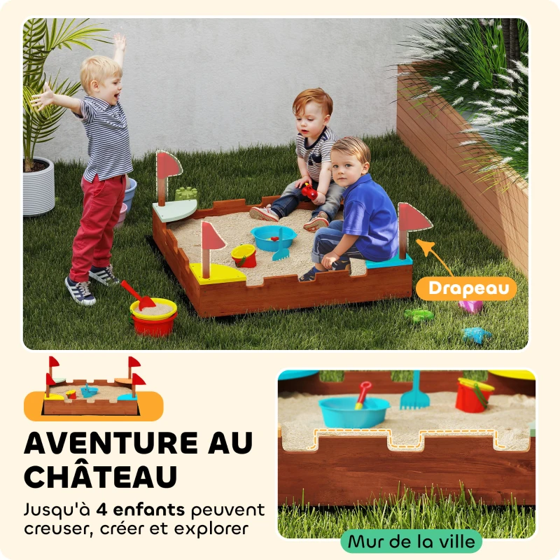 AIYAPLAY Bac à sable en bois pour enfants 3-7 ans avec sièges, drapeaux, sans fond, thème de la muraille, 90 x 90 x 17 cm, marron