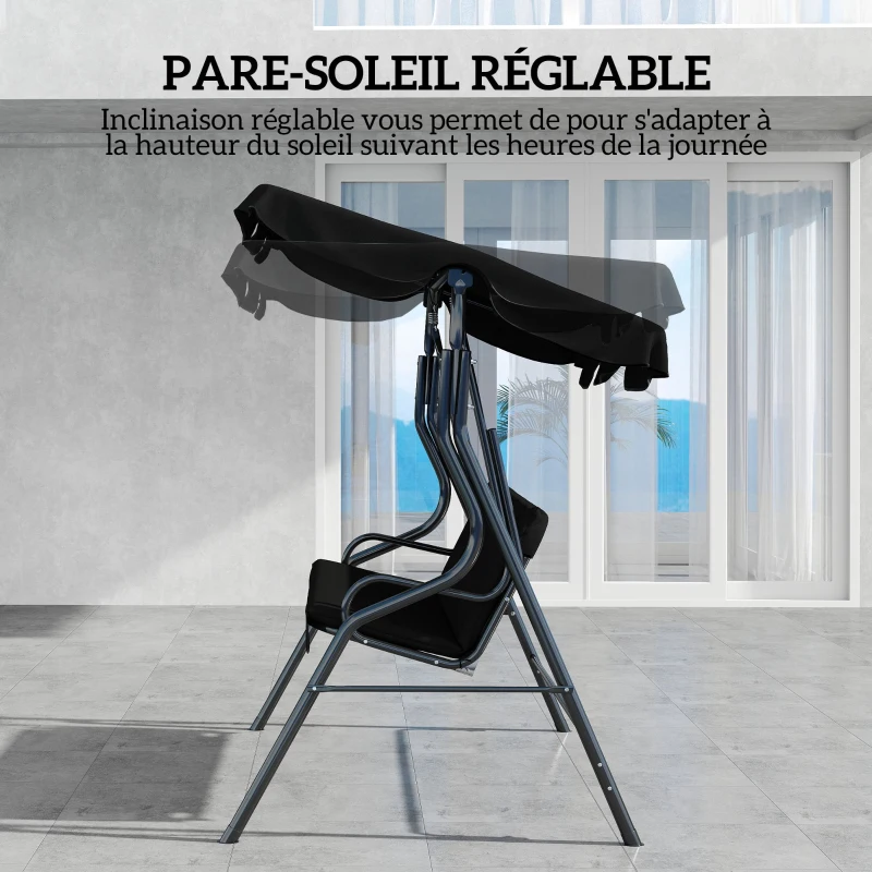Outsunny Balancelle de Jardin 3 Places Toit imperméabilisé Inclinaison réglable Coussins Assise Dossier Noir