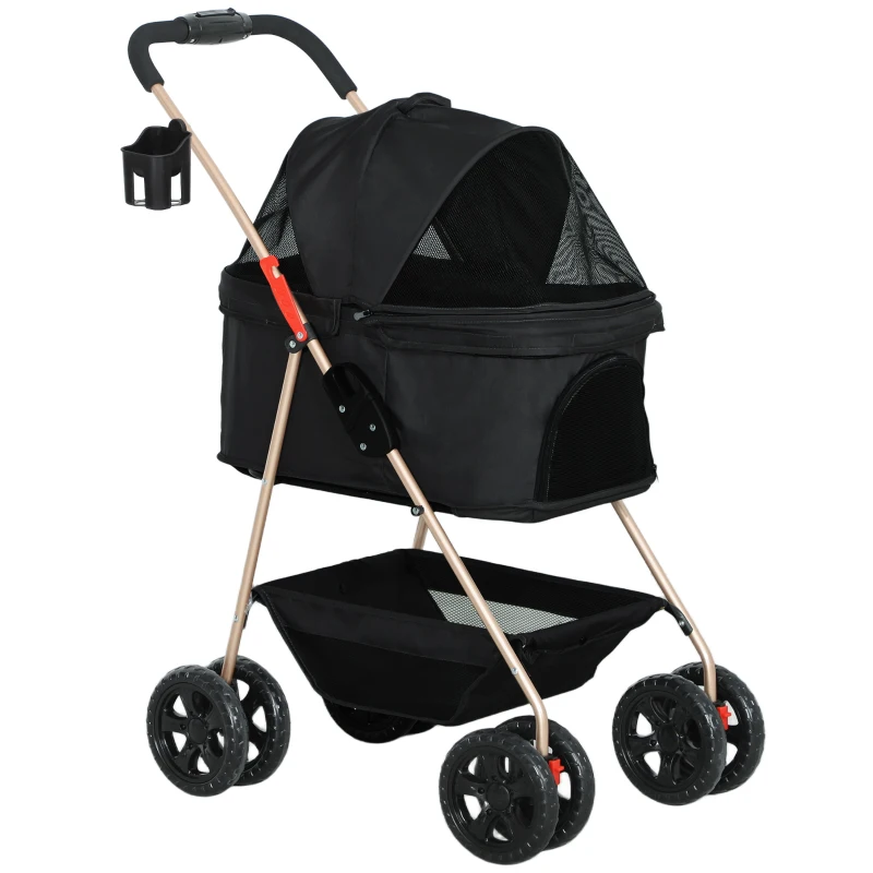 PawHut Cărucior pentru Animale de Companie 3 în 1 cu 4 Roți și Geantă de Transport Detașabilă, 76x50x102 cm, Negru