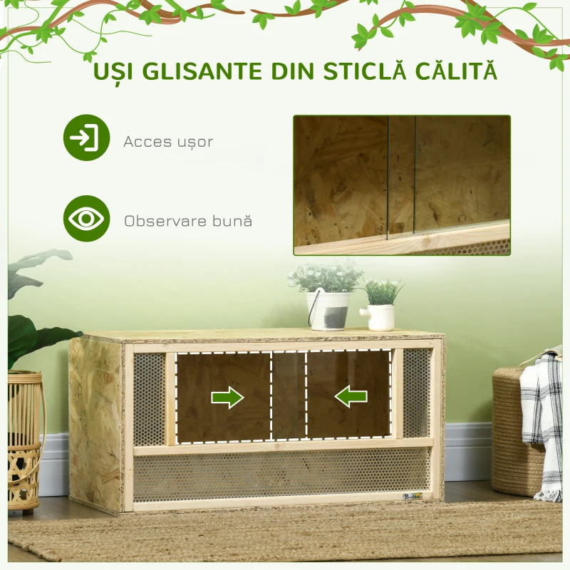 PawHut Terariu pentru Reptile cu Uși din Sticlă Glisante și Panouri din Plasă, 40x80x40 cm, Lemn Natural