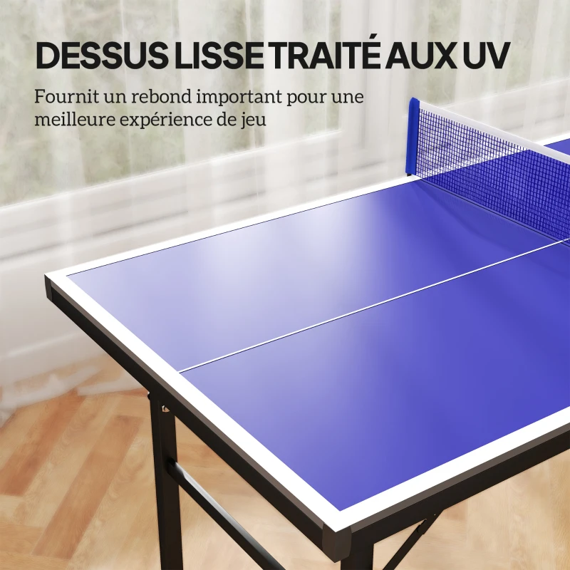 SPORTNOW Mini table de ping pong 153x76cm avec plateau traité UV, pieds réglables, filet et 5 pieds, bleu