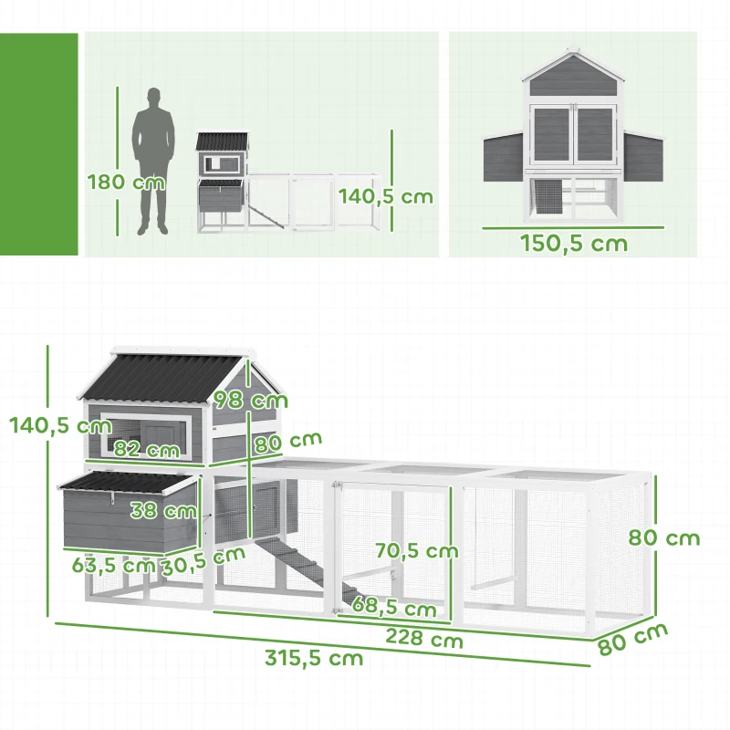 PawHut Gallinero de Madera con Perchas Columpio Nidos y Bandeja Extraíble 315,5x150,5x140,5 cm Gris