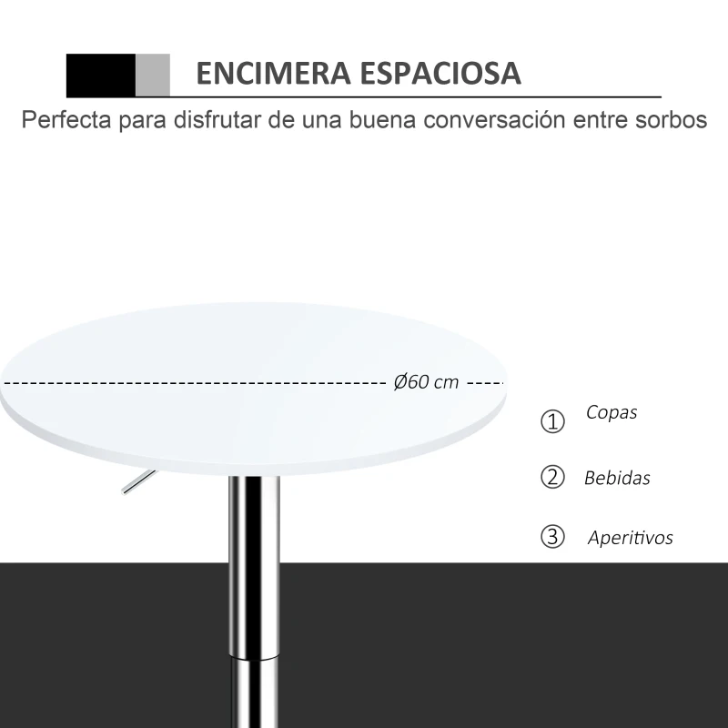 HOMCOM Mesa de bar ajustável em altura com base redonda e antideslizante para cozinha sala de jantar Ø60x69-93 cm Branco