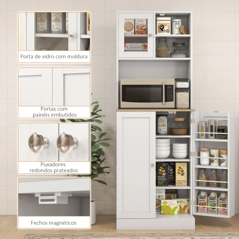 HOMCOM Armário de Cozinha Armário Alto de Cozinha com 3 Portas Prateleiras Ajustáveis e Prateleiras na Porta  60x35x169 cm Branco