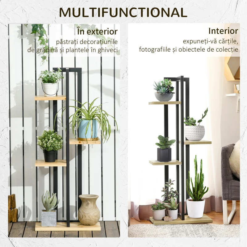Outsunny Suport pentru Plante cu 4 Etaje din Lemn de Brad și Metal, 45x25x110 cm, Negru