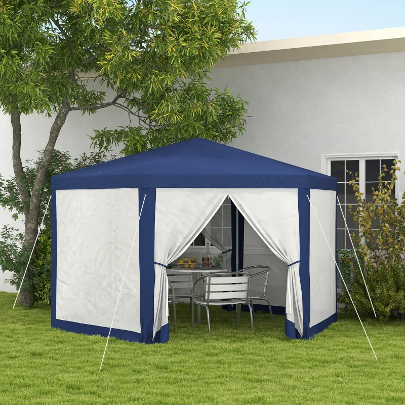 Outsunny Tonnelle de jardin 3 x 3,4 m hexagonal tente de réception avec parois latérales en maille, 2 portes pour camping bleu