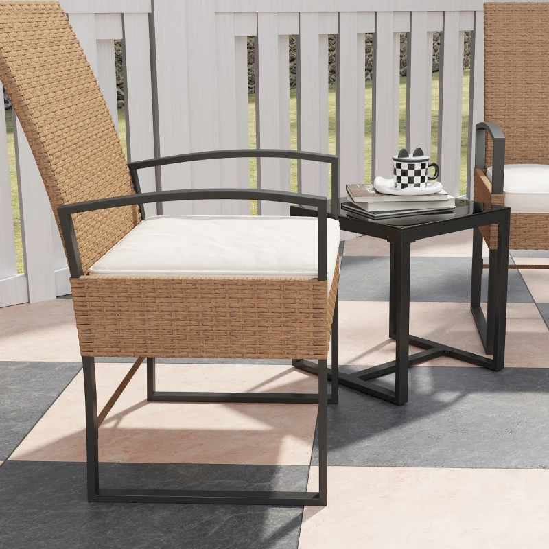 Outsunny Conjunto de Jardim de 3 Peças com 2 Cadeiras e Mesa de Vime com Encosto Ajustável e Bancada de Vidro Bege e Branco