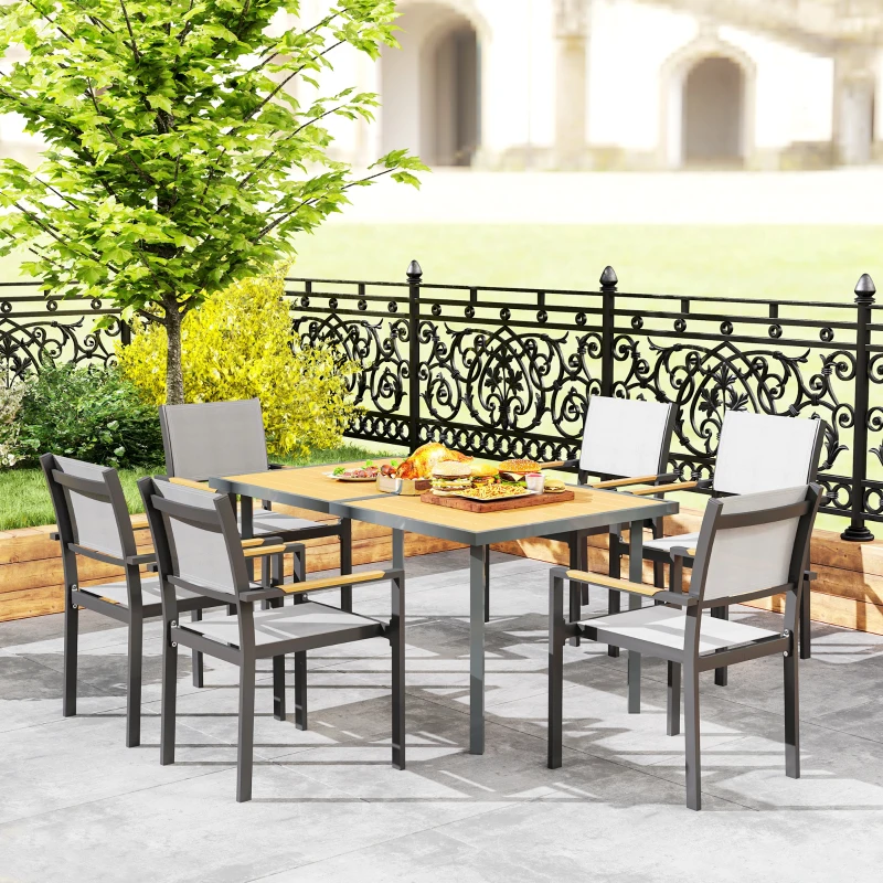 Outsunny Table à manger de jardin pour 6 personnes table de jardin avec plateau effet bois en acier 150 x 90 x 72 cm bois naturel