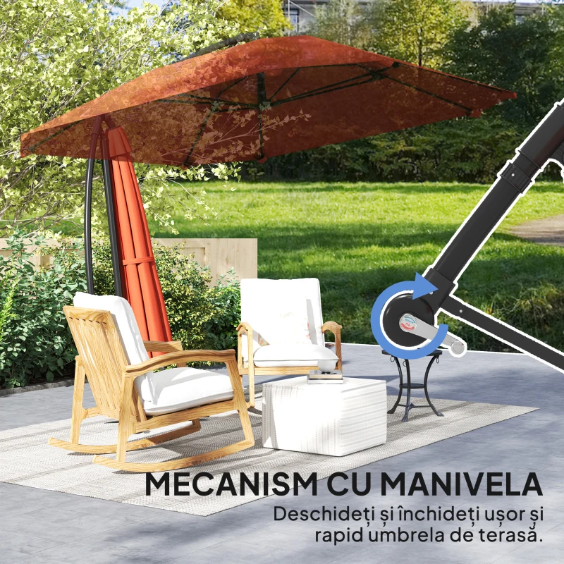 Outsunny Umbrelă de Soare Suspendată cu Bază în Cruce, Articulație Tip Banană și Manivelă, 304x260x245 cm, Maro