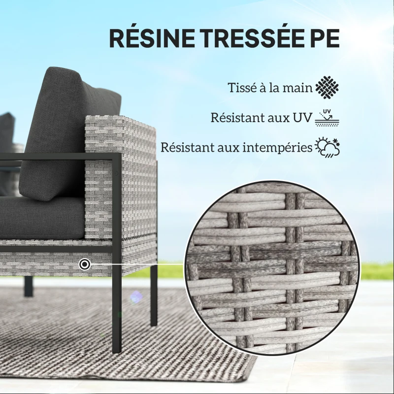 Outsunny Salon de jardin extérieur 5 personnes, salon de balcon en résine tressée avec fauteuils, pouf et table basse gris clair