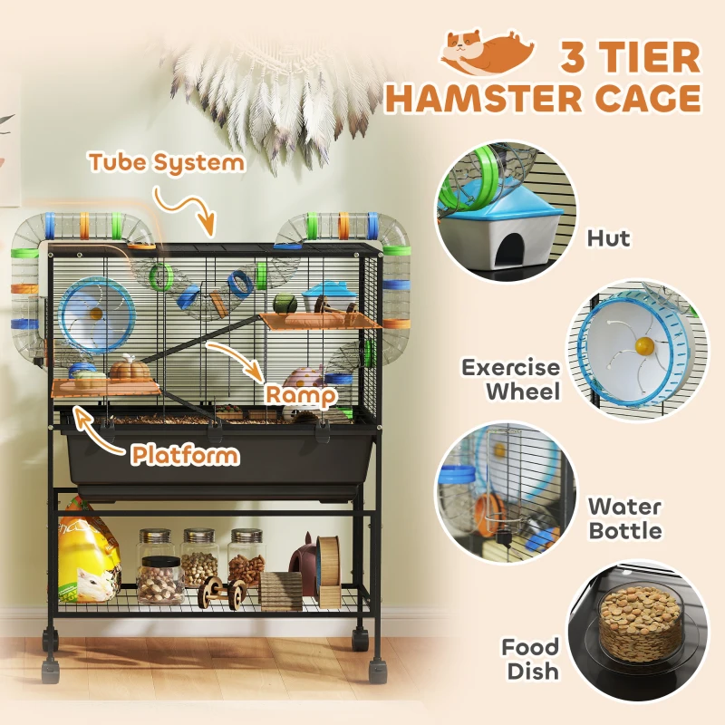 PawHut 3 Tier Large Hamster Cage on Wheels with 17 cm Deep Tray, Storage Shelf for Syrian, Gerbil, Rats