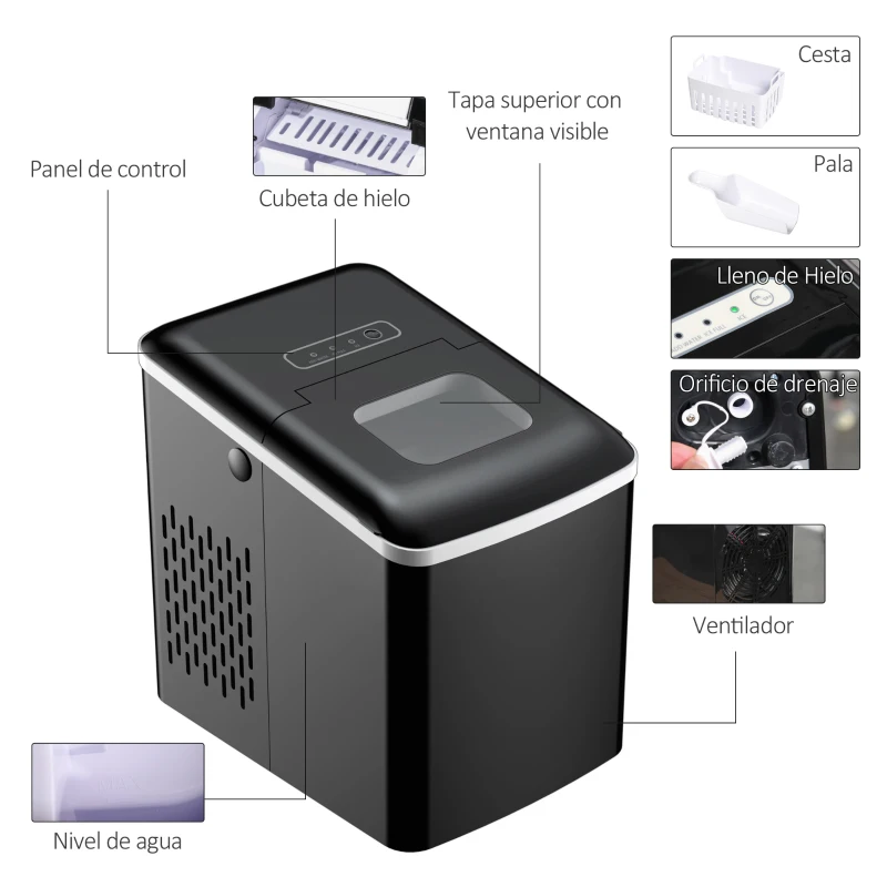 HOMCOM Máquina de gelo Silencioso Potência 120W Capacidade 12kg com Tela LCD Tanque de 1.8L Limpeza automática 31,5x23x32,5 cm preto