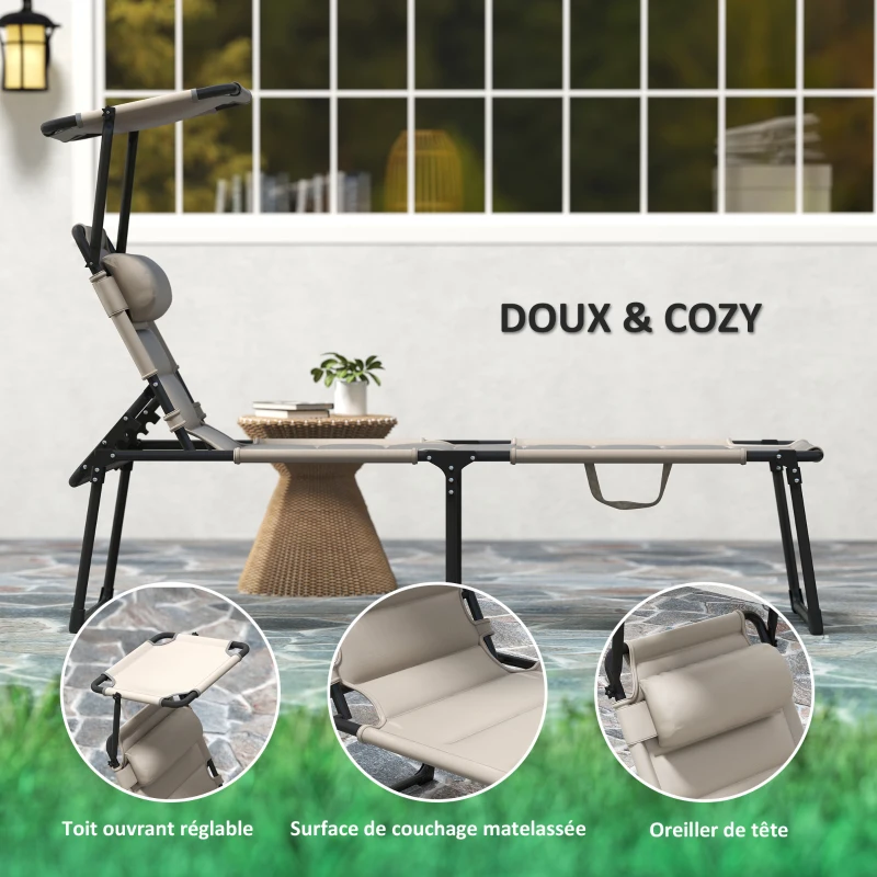 Outsunny Lot de 2 Bains de soleil transats pliables grand confort dossier pare-soleil réglables multi-positions, kaki