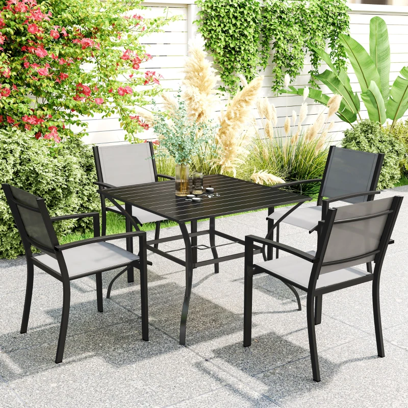 Outsunny 94 x 94 cm Garden Table with Parasol Hole, Outdoor Dining Garden Table for Four with Slatted Metal Plate Top, Black