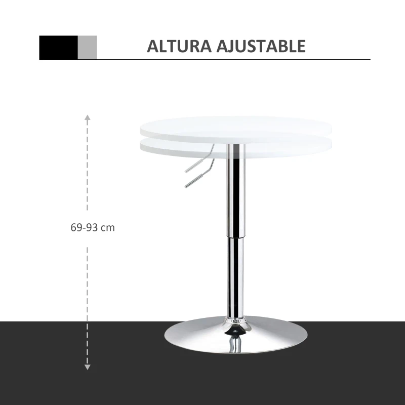 HOMCOM Mesa de bar ajustável em altura com base redonda e antideslizante para cozinha sala de jantar Ø60x69-93 cm Branco
