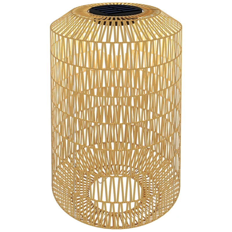 Outsunny Lampadaire solaire extérieur en résine tressée, lampadaire sans fil rechargeable avec capteur de lumière, Ø30x55cm jaune