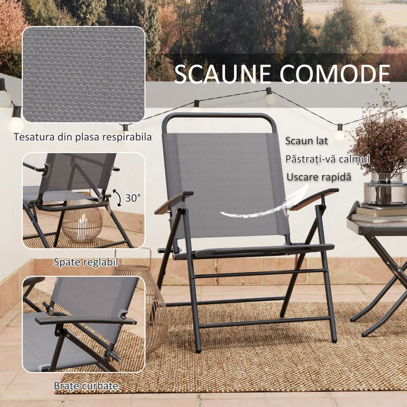 Outsunny Set Mobilier de Grădină din 3 Piese cu Scaune cu Spătar Reglabil și Masă, 64x70x87 cm, Gri