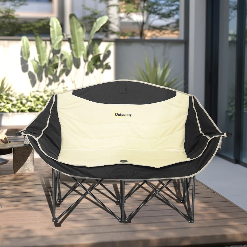 Outsunny Składane krzesło dla 2 osób z uchwytami na napoje i torbą, do 250kg, Khaki