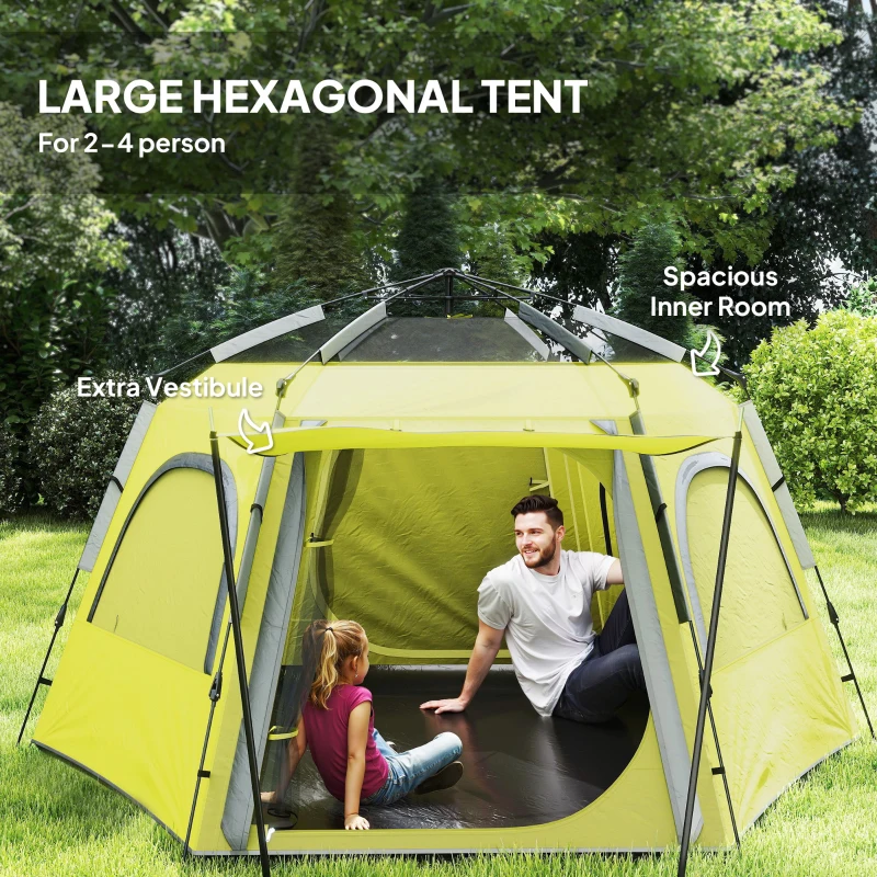 Outsunny Instant Pop Up Camping Tent, 2/3/4 Person Easy Setup Dome Family Tent with Vestibule, Rainfly, 4 Mesh Windows & 2 Doors, Hexagonal Design, Waterproof & UV Protected, Yellow Green