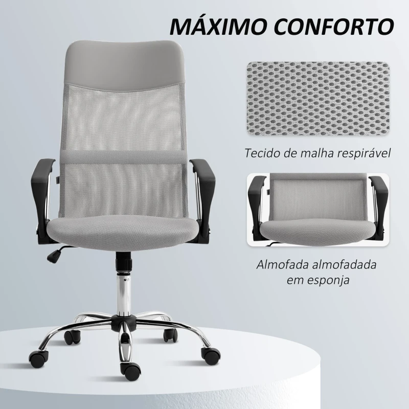 HOMCOM Cadeira de Escritório de Tecido de Malha Encosto para a Cabeça de PU Mecanismo de Inclinação 63x65x109-119 cm Cinza