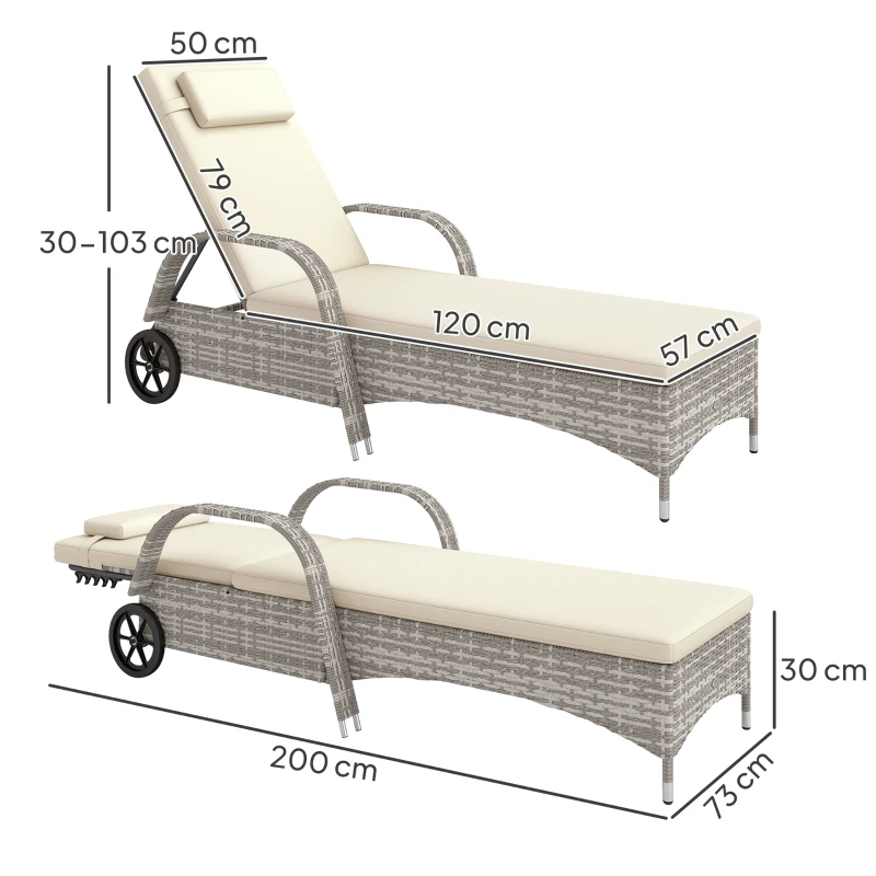 Outsunny Transat bain de soleil matelas inclinaison réglable multipositions accoudoirs roulettes 200 x 73 x 30-103 cm gris clair