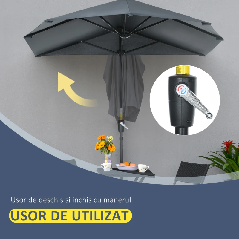 Outsunny Umbrelă Semicirculară Dublă cu Deschidere cu Manivelă, 7 Spițe și Suport în Cruce, 200x190x240 cm, Gri