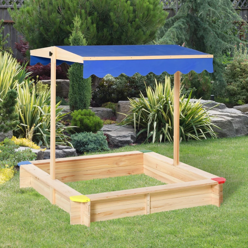 Outsunny Caixa de areia de madeira para crianças com telhado Toldo ajustável Espaçoso 120x120x120 cm para jardim Cor madeira natural