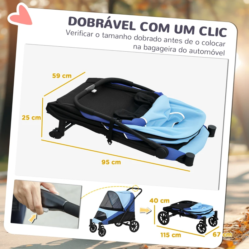 PawHut Carrinho para Cães Dobrável com Rodas Grandes Correias de Segurança Estrutura Amortecedora Almofada Lavável 124x67x100 cm Azul