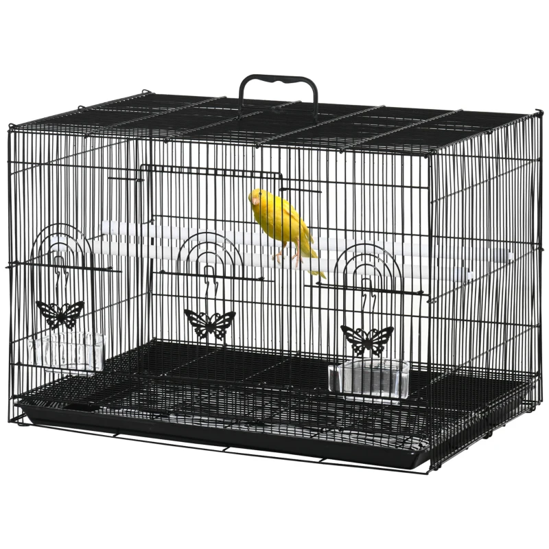 PawHut Colivie pentru Păsări cu 2 Stinghii, 3 Intrări, Tavă și 2 Recipiente pentru Hrană, 60x41x41 cm, Negru