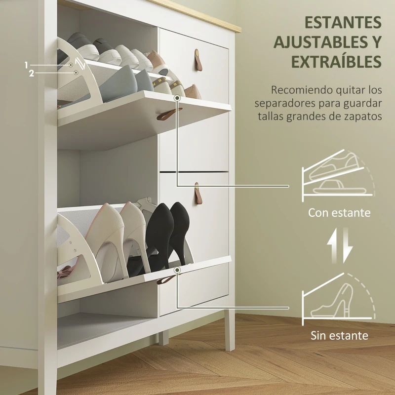 HOMCOM Zapatero Estrecho con 4 Compartimentos y Tiradores de Cuero PU para Pasillo y Recibidor 105x24x95,5 cm Blanco y Madera