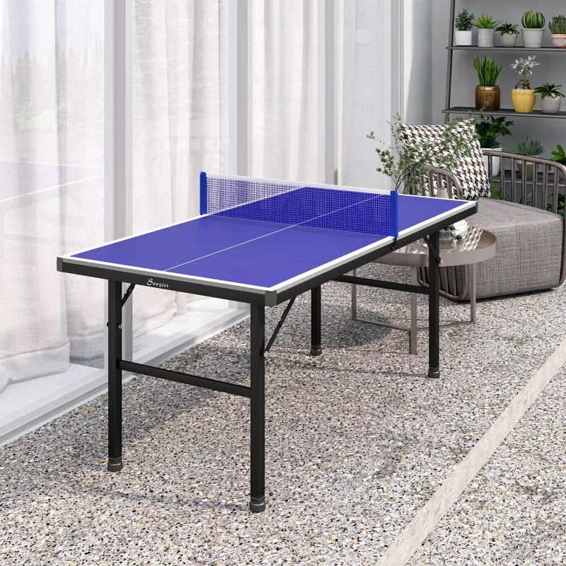 SPORTNOW Mini table de ping pong 153x76cm avec plateau traité UV, pieds réglables, filet et 5 pieds, bleu