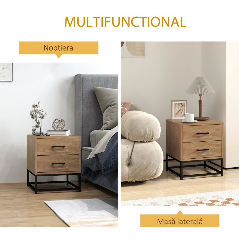 HOMCOM Set de 2 Noptiere cu 2 Sertare din Lemn și Oțel, 40x39.5x48 cm, Lemn Natural