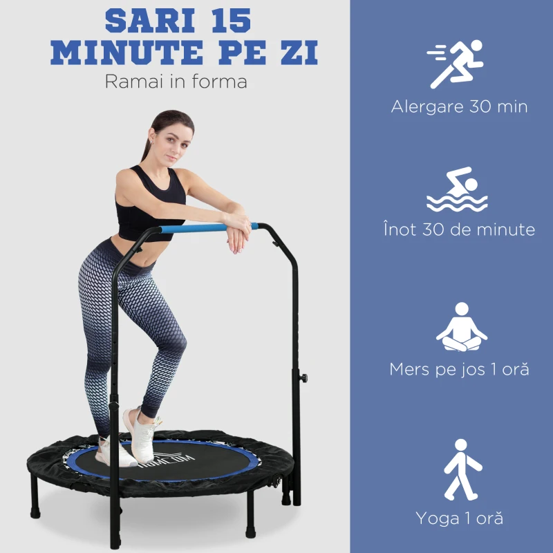 HOMCOM Trambulină Elastică Pliabilă cu Mâner Reglabil, Ø102x99123 cm, Albastru