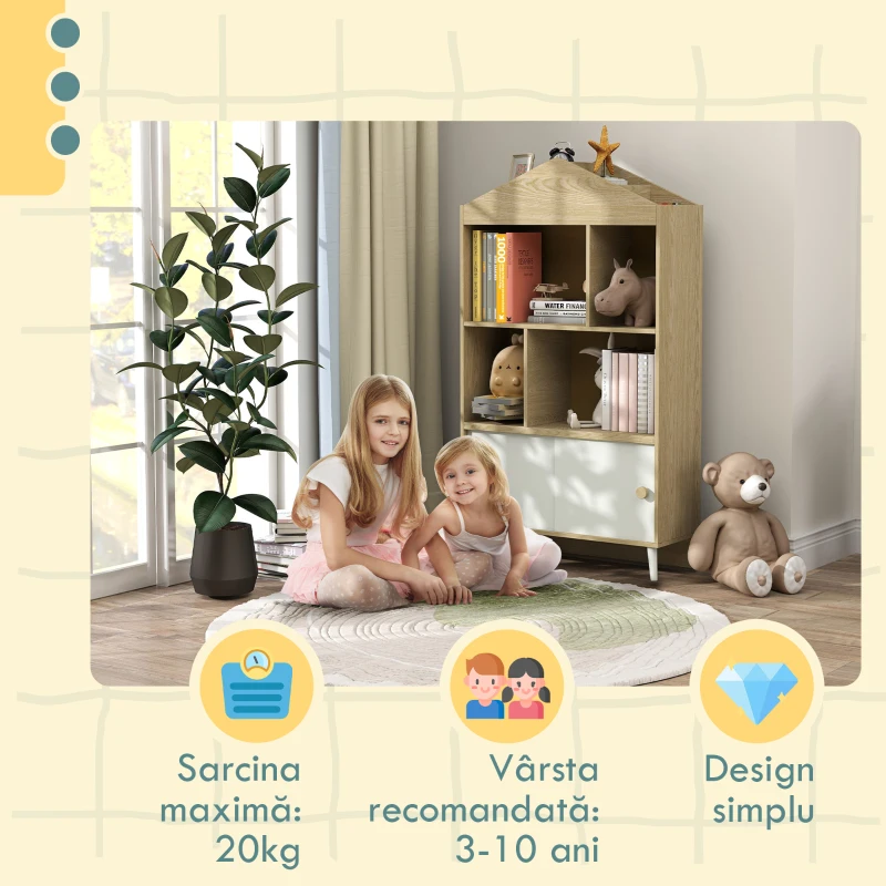 AIYAPLAY Bibliotecă pentru Copii cu 4 Cuburi Deschise și Rafturi Superioare, 80x30x140.5 cm, Alb