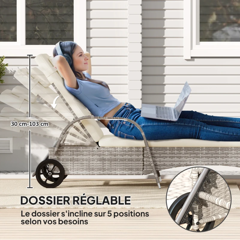 Outsunny Transat bain de soleil matelas inclinaison réglable multipositions accoudoirs roulettes 200 x 73 x 30-103 cm gris clair