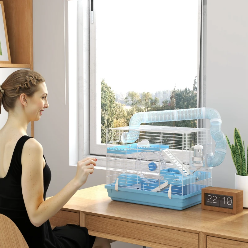 PawHut Cage pour hamster portable avec cabane, roue de course, gamelle, bouteille d'eau, 47,5 x 31,5 x 29,5 cm, bleu clair